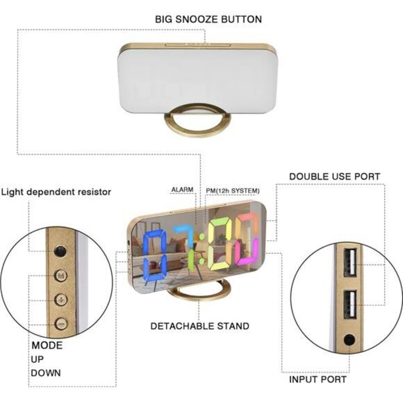 LED Digital Mirror Clock Large Display USB Charger Desk Wall Alarm Bedroom - Picture 6 of 8